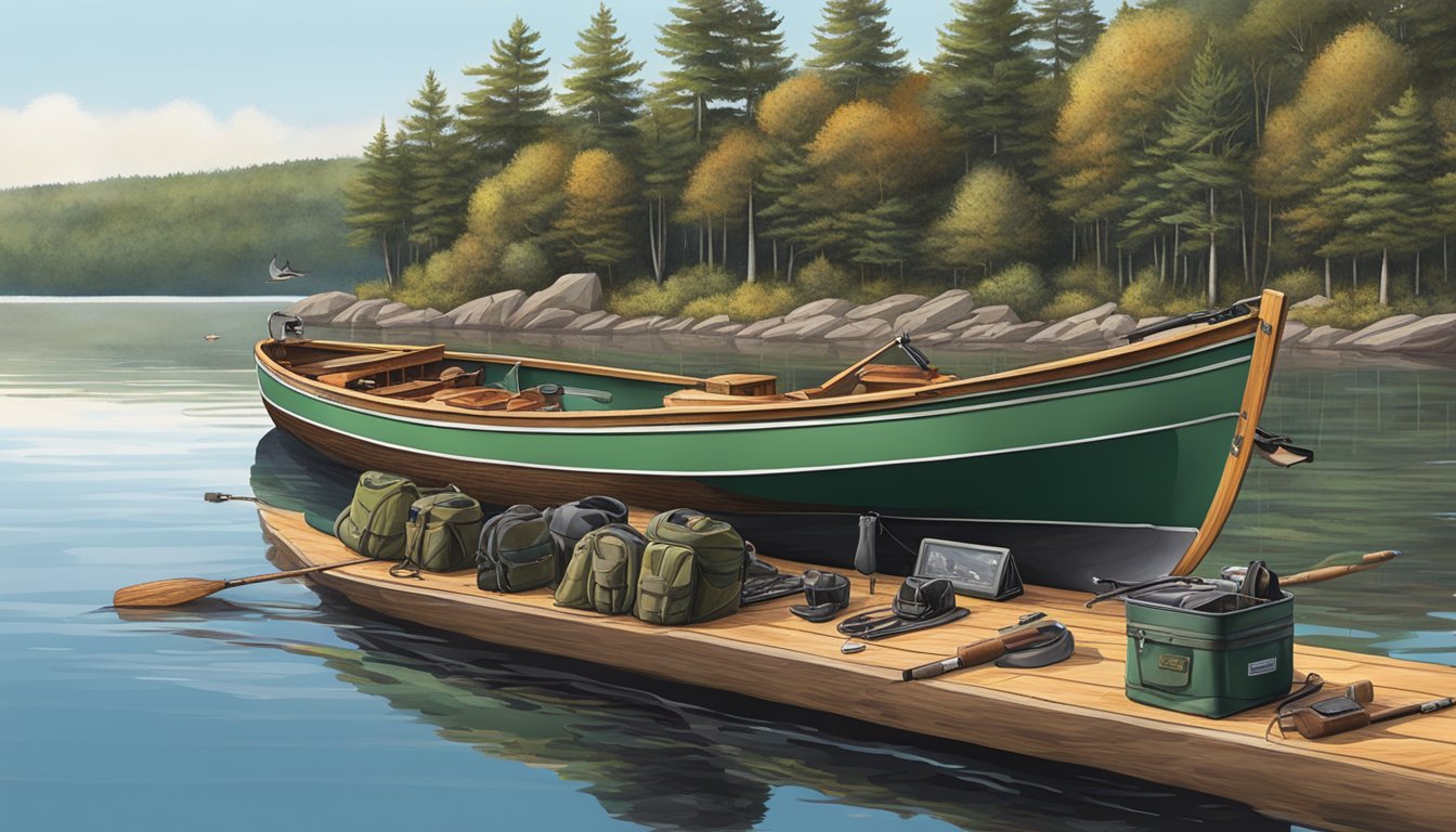 A wooden boat on the calm waters of a Maine bay, with a variety of duck hunting gear and equipment scattered across the deck