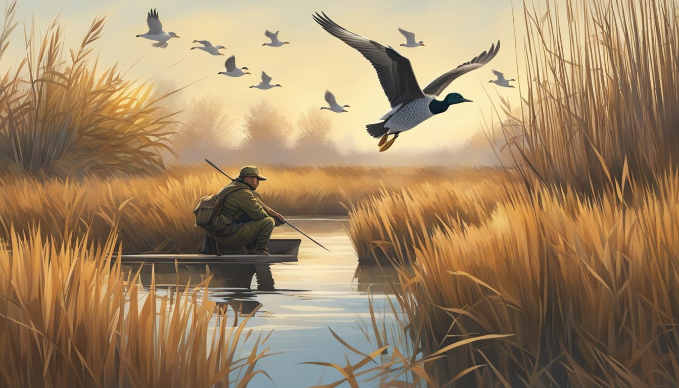 A hunter crouches in a marsh, surrounded by tall grasses and reeds. A flock of ducks flies overhead, their wings beating against the crisp autumn air