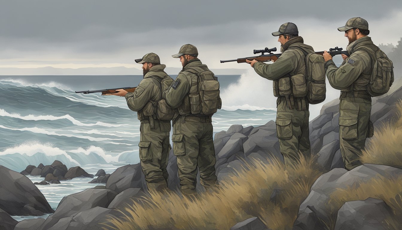 A group of hunters in camouflage gear stand by a rocky coastline, scanning the horizon for sea ducks. The sky is overcast, and the waves crash against the shore as they plan their strategy