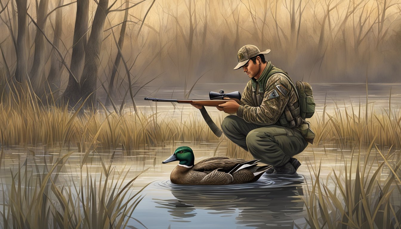 A duck hunter sets up decoys in an Indiana wetland for conservation and habitat management