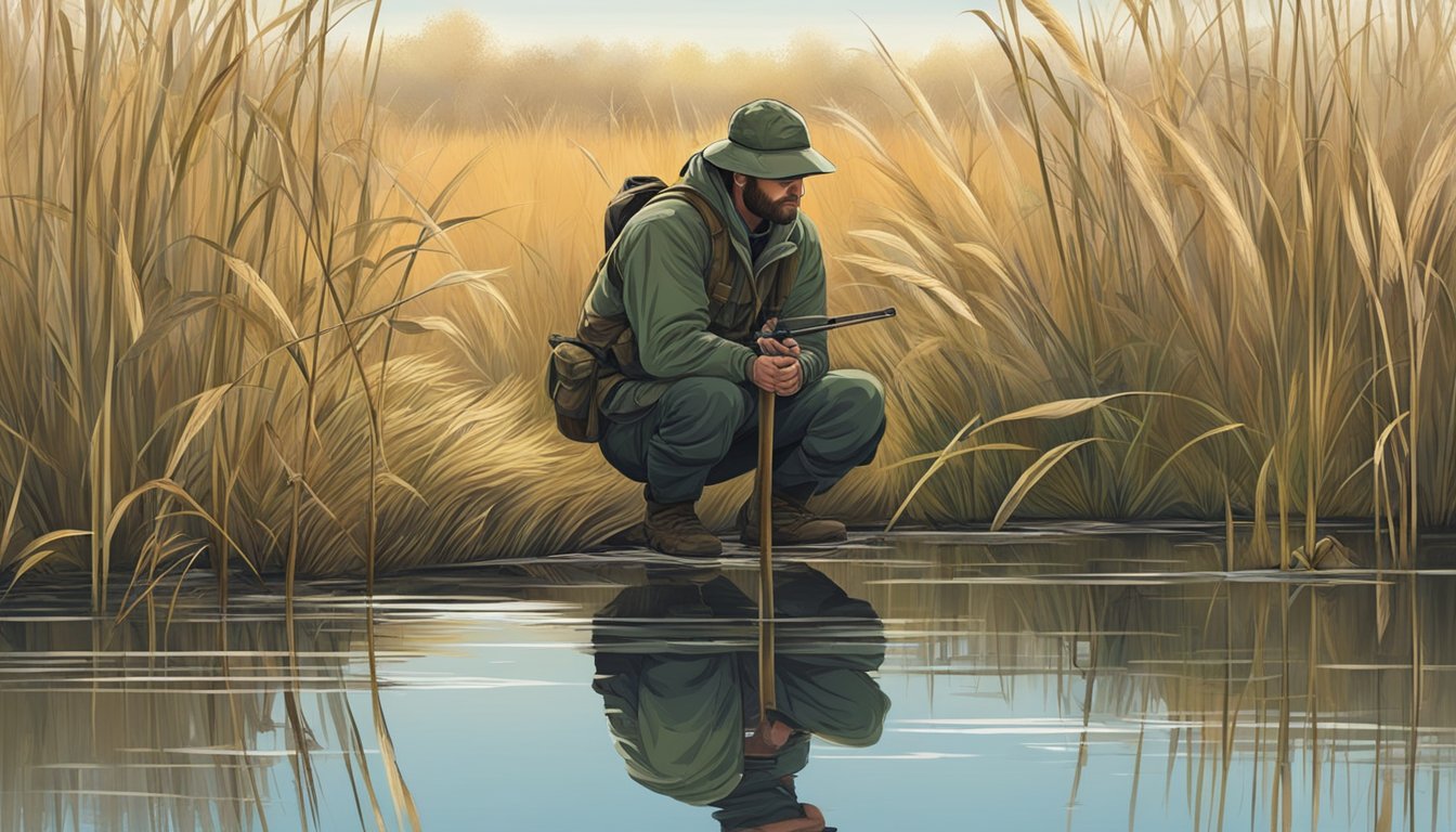 A hunter crouches in a marsh, camouflaged among tall grasses, patiently waiting for ducks to fly overhead. decoys float on the water, luring the birds in