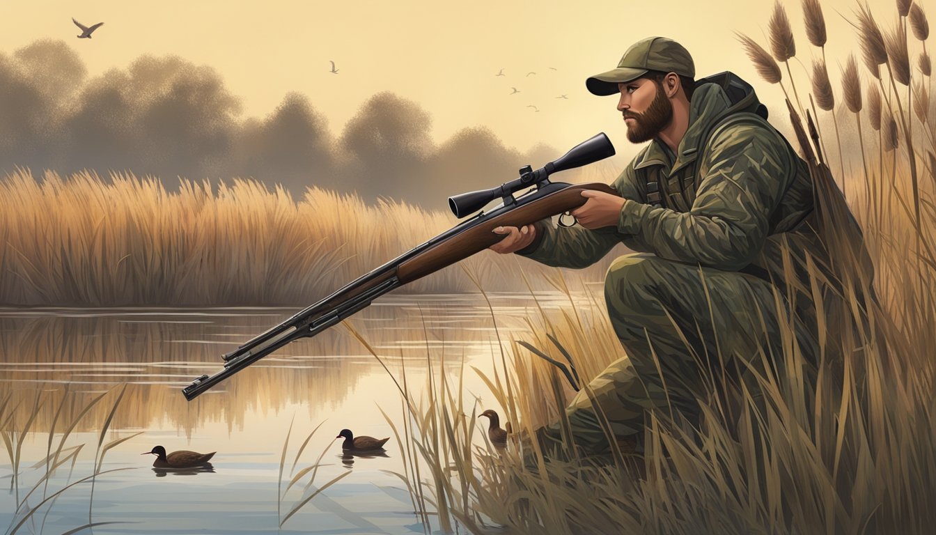 A hunter in camouflage with a shotgun crouching near a marsh, surrounded by tall grass and cattails, with a flock of ducks flying overhead