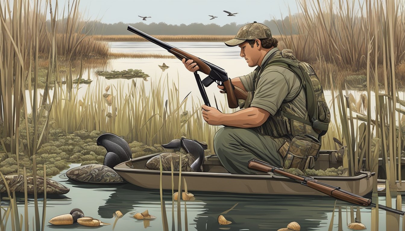 A hunter loads shells into a shotgun, surrounded by decoys and camouflage gear in a marshy Louisiana wetland