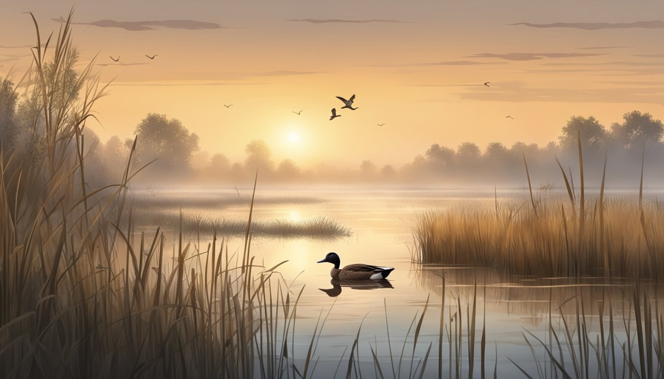 A misty marshland at dawn, with a serene lake surrounded by tall grasses and scattered duck decoys. A lone duck hunter waits in a camouflaged blind