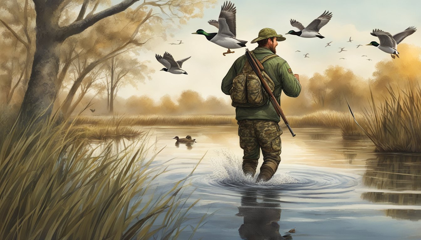 A hunter in camouflage wades through a marsh, shotgun in hand, as ducks fly overhead