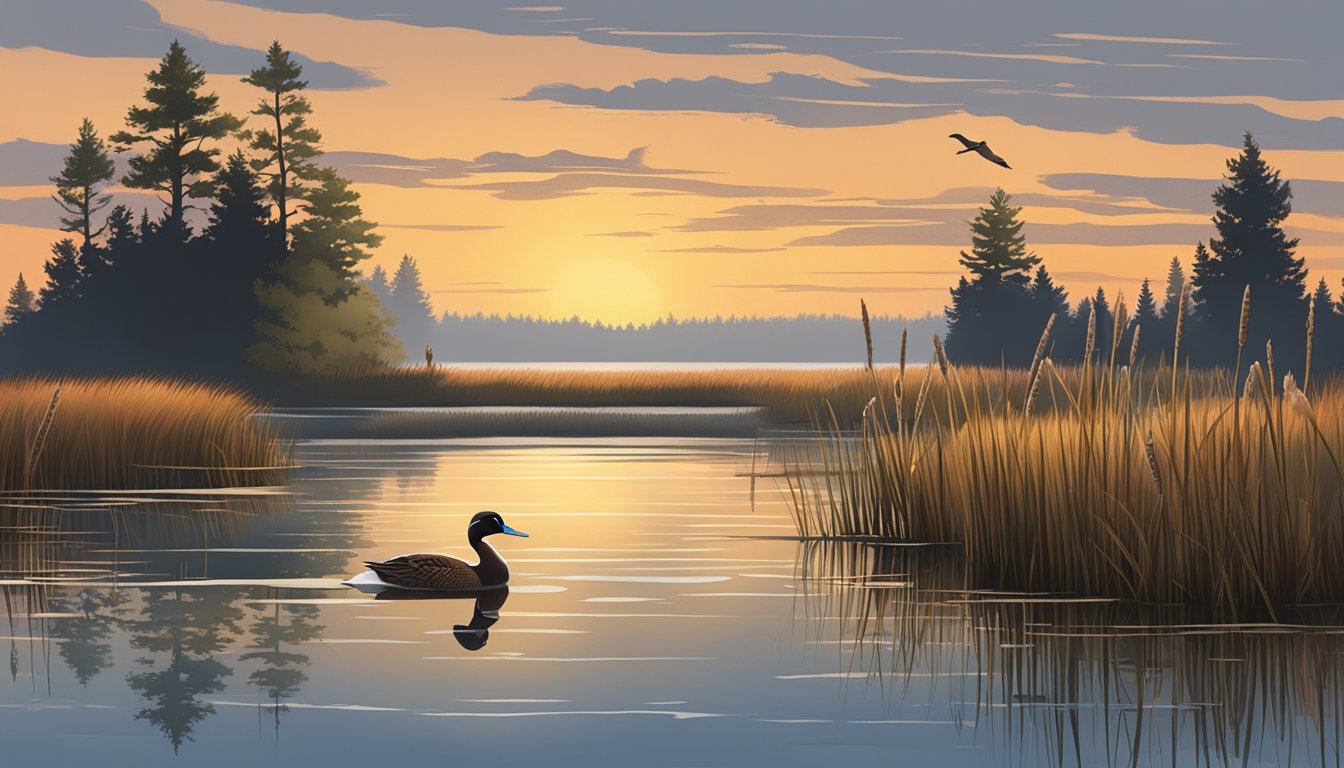 A serene Maine marsh at dawn, with a hunter's blind nestled among cattails and a pair of mallard ducks descending toward the water