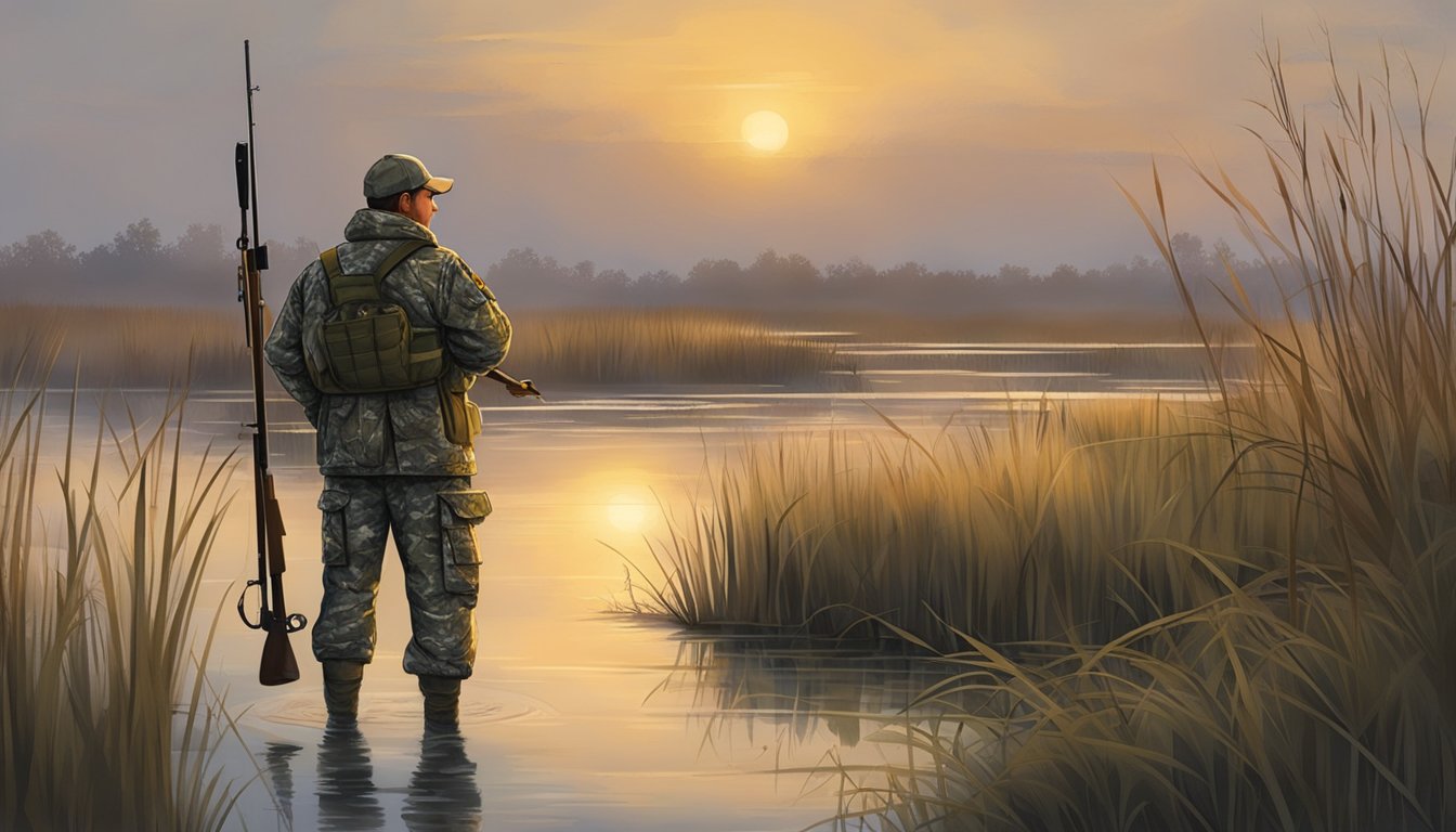 A hunter in camouflage gear sets up decoys along the edge of a serene Indiana marsh at dawn