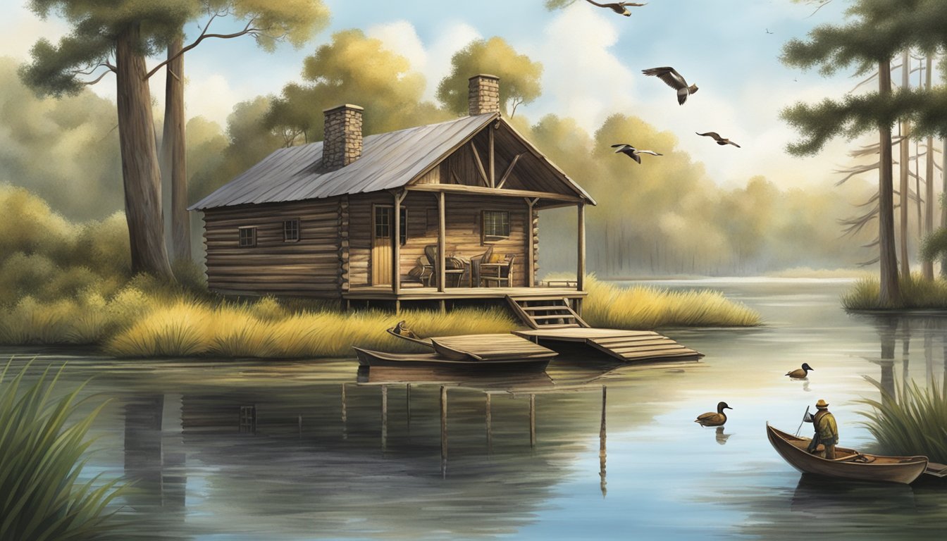 A rustic cabin nestled among cypress trees, with a wooden dock extending into a tranquil bayou. A group of ducks fly overhead as hunters prepare their gear