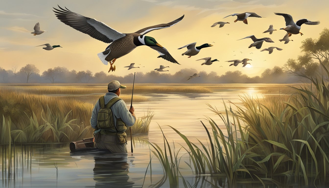 A lush Louisiana marsh with ducks in flight and a hunter setting up decoys