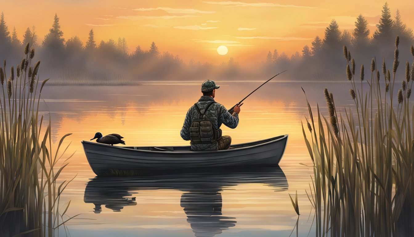 A serene lake at dawn in Michigan, with a duck hunter setting up decoys and a blind amidst the reeds and cattails