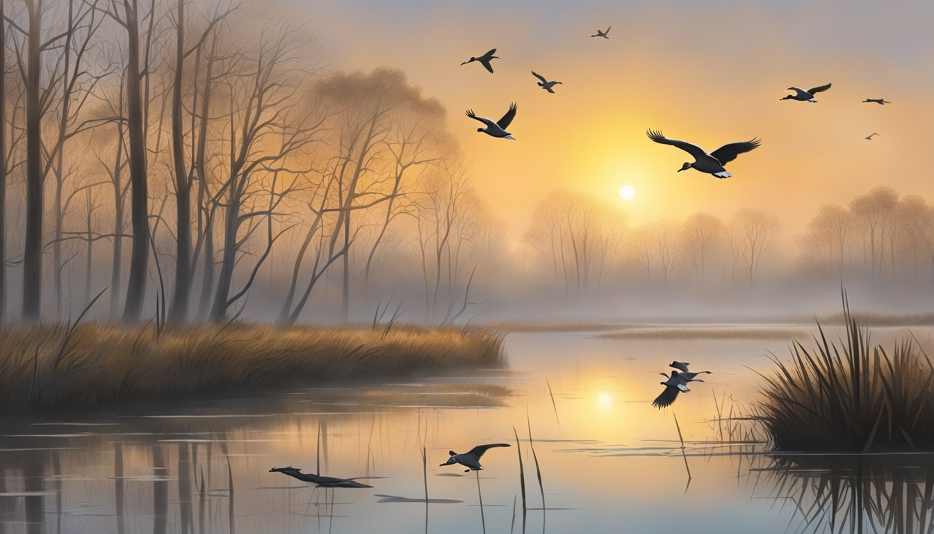 A misty morning on the Kentucky marshes, with ducks flying low over the water as hunters wait in their blinds