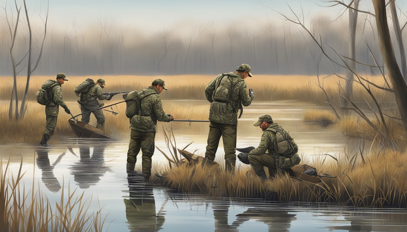 A group of hunters in camouflage gear setting up decoys and checking their equipment in a marshy area in Kentucky