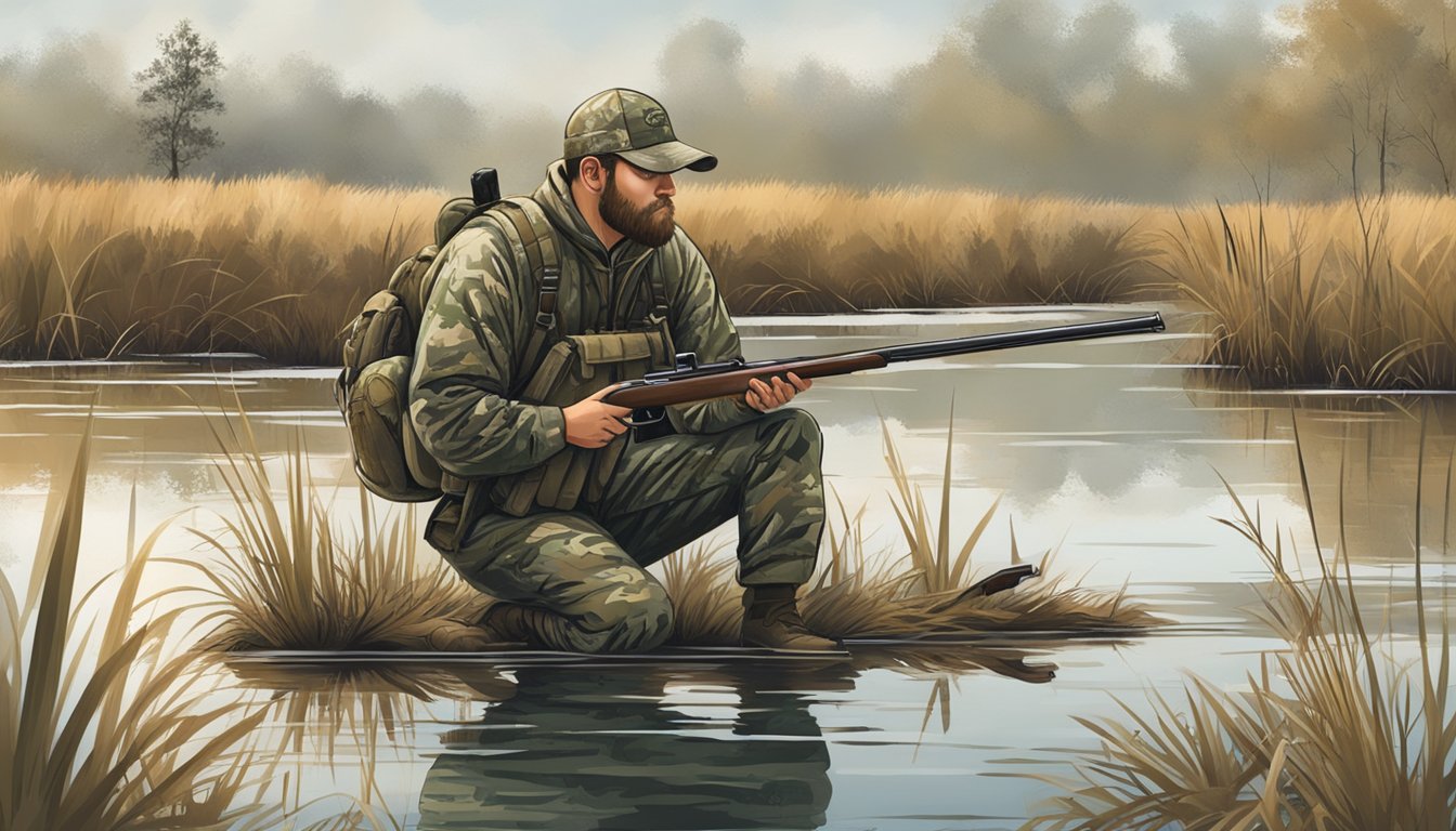 A hunter in camouflage gear crouches by a marsh, holding a shotgun and duck call. Decoys are scattered in the water