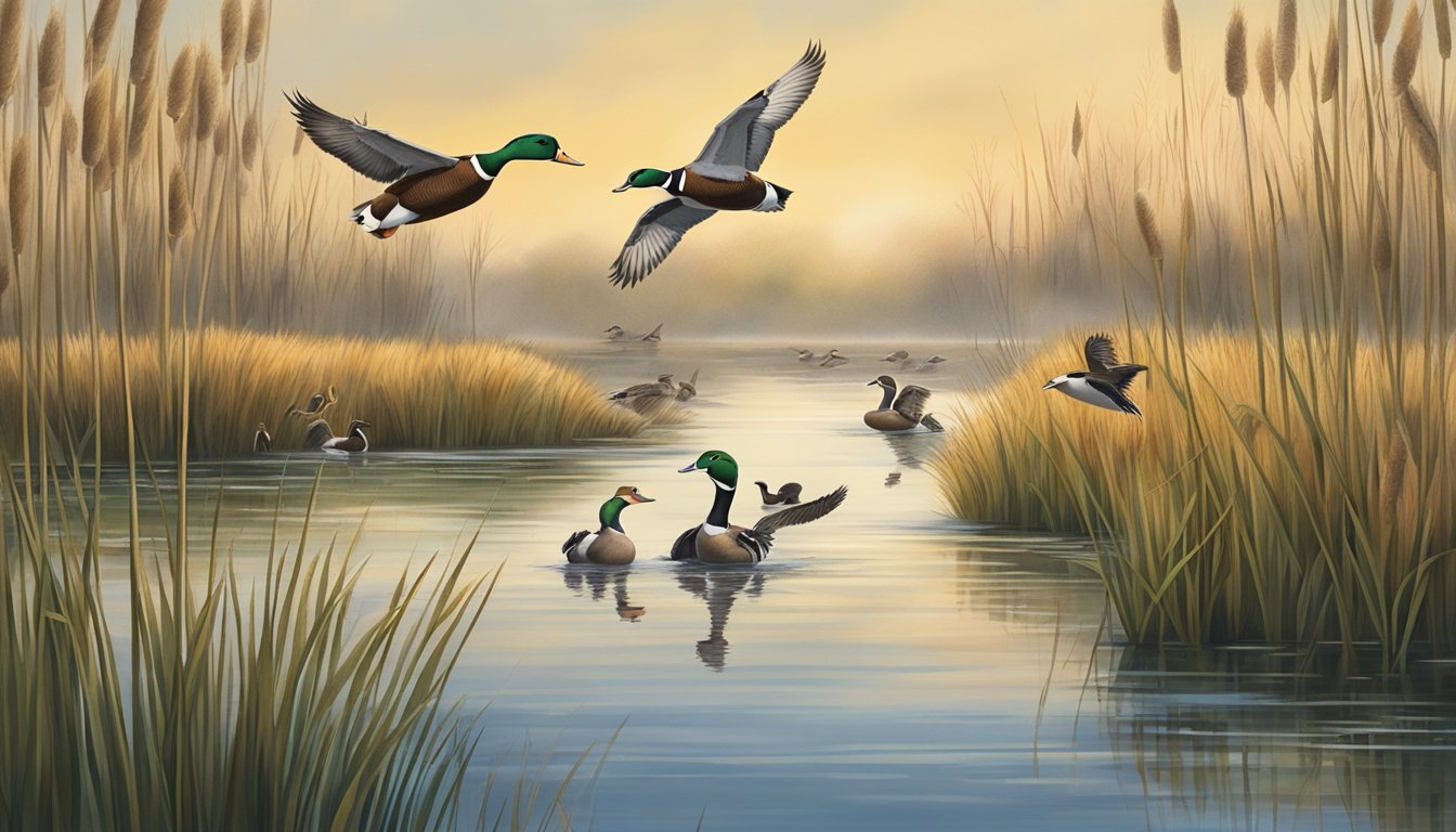 Mallards and wood ducks glide over a serene Kentucky marsh, surrounded by cattails and tall grasses