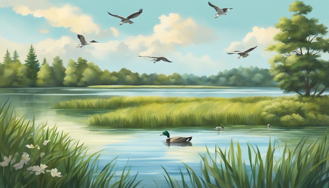 A serene lake in Michigan, surrounded by lush wetlands, with ducks peacefully swimming and flying overhead