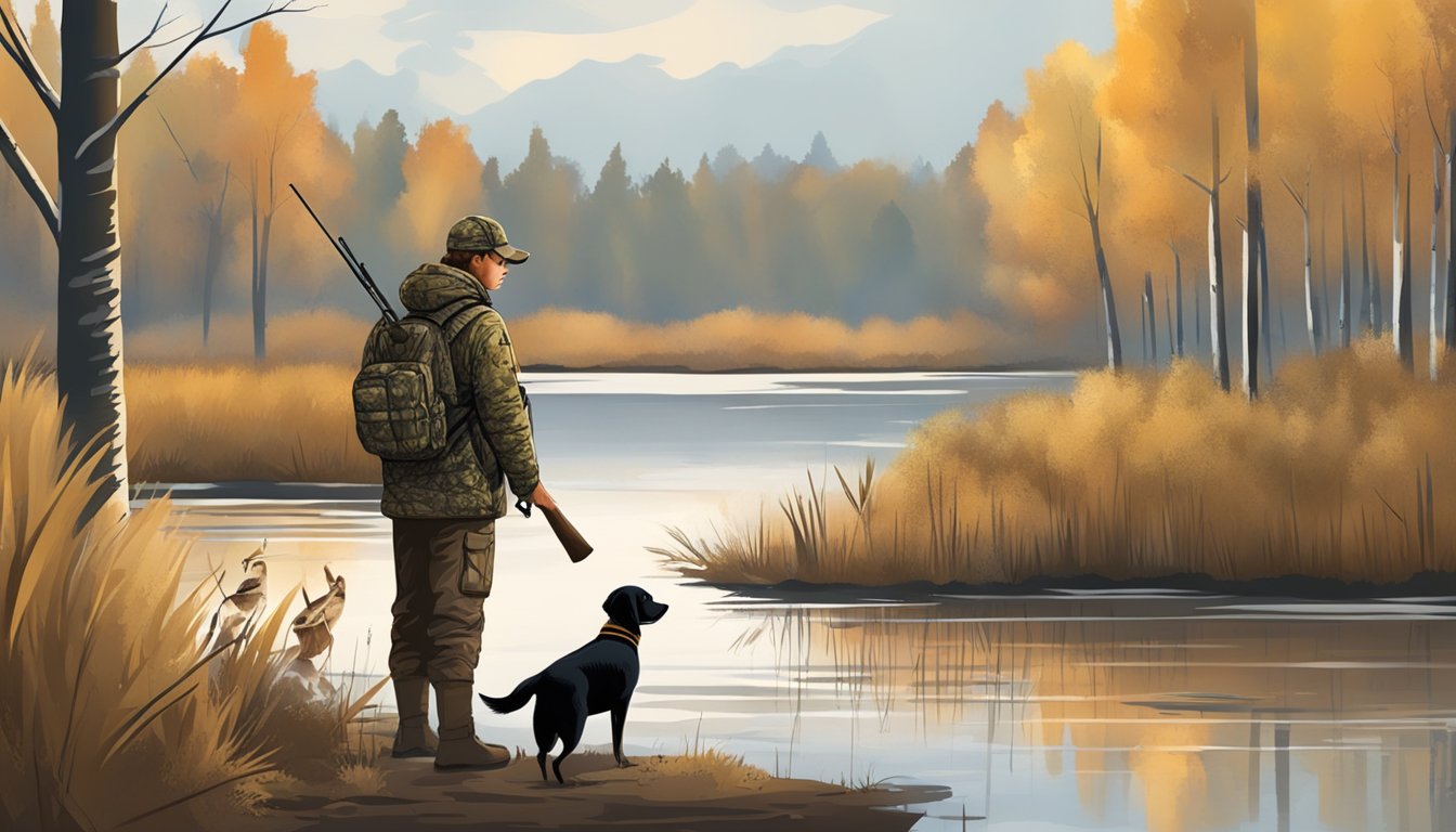 A hunter sets up decoys and hides in a blind, calling ducks with a duck call. A retriever stands at the ready