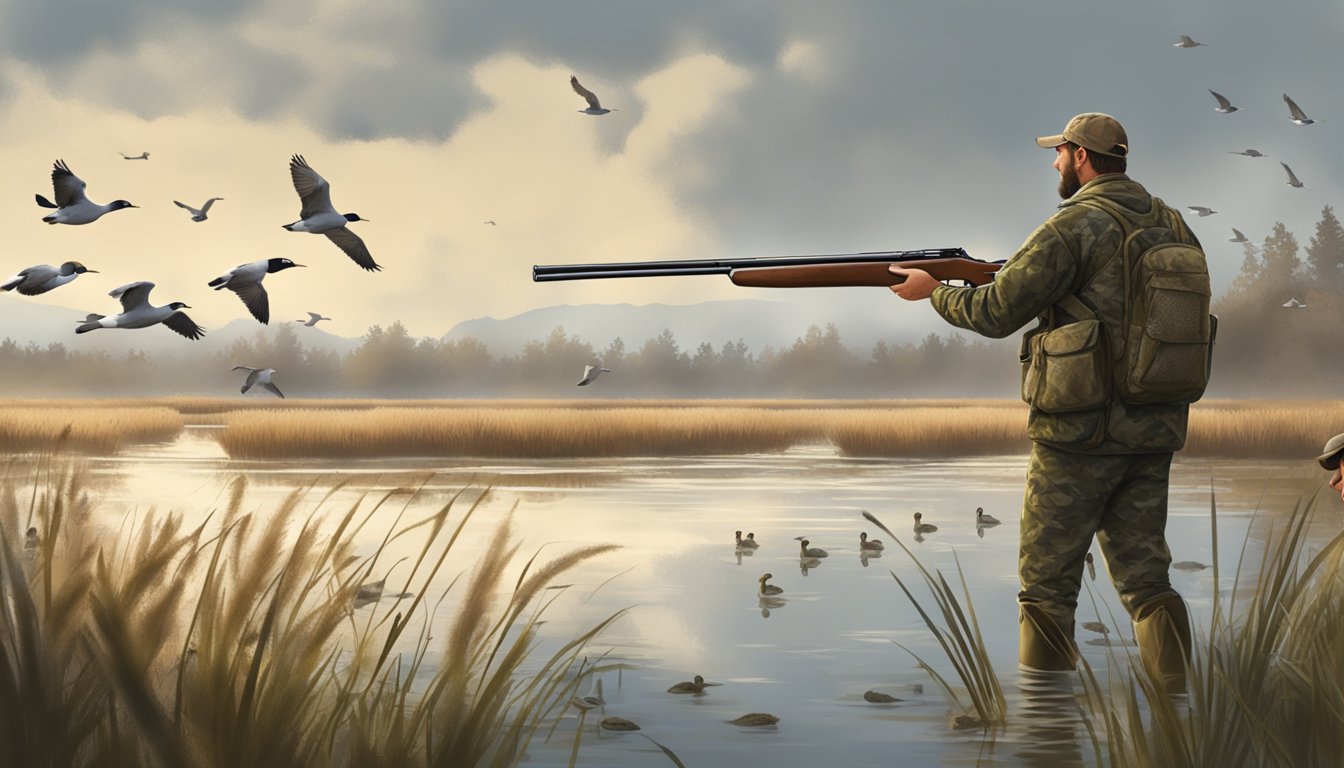 A hunter in camouflage wading through a marsh, aiming a shotgun at a flock of ducks flying overhead