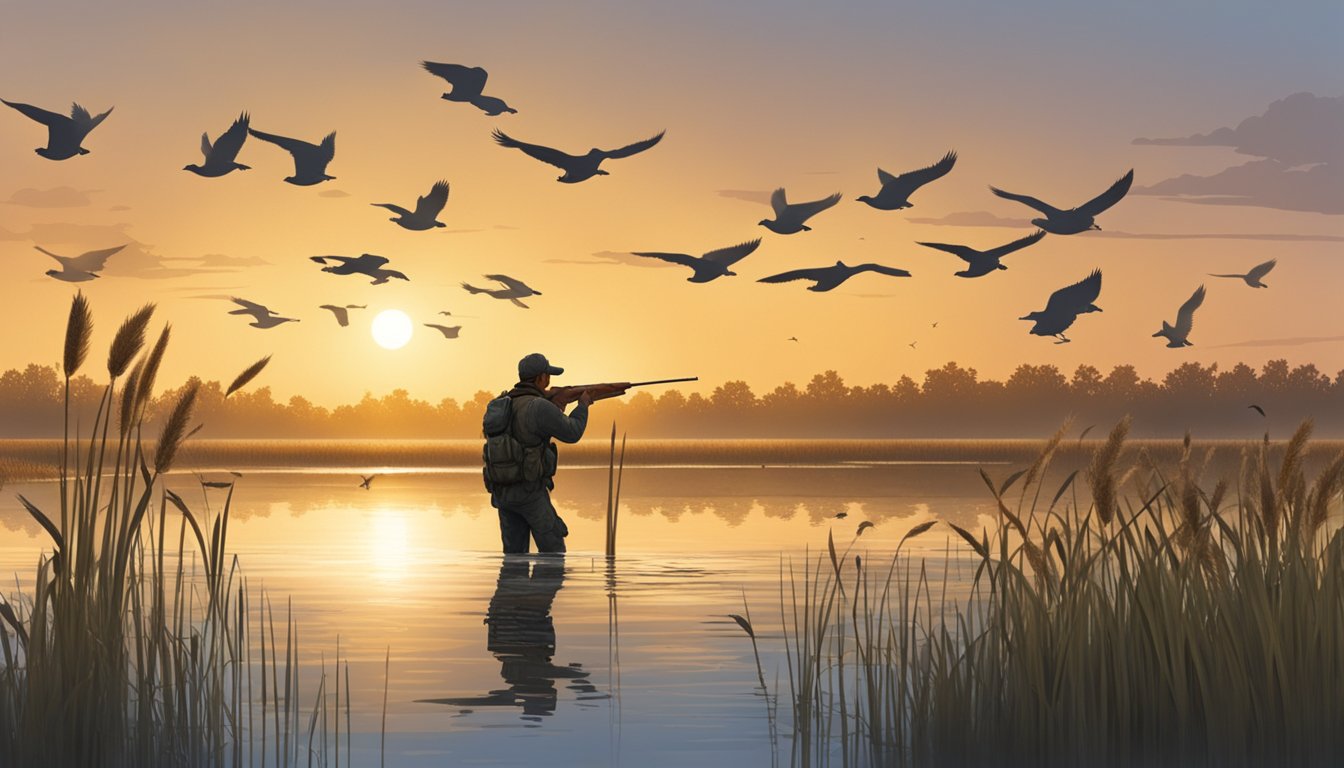 A hunter kneeling in a marsh, aiming at a flock of ducks flying overhead. Sunrise illuminates the scene, with reeds and water in the foreground