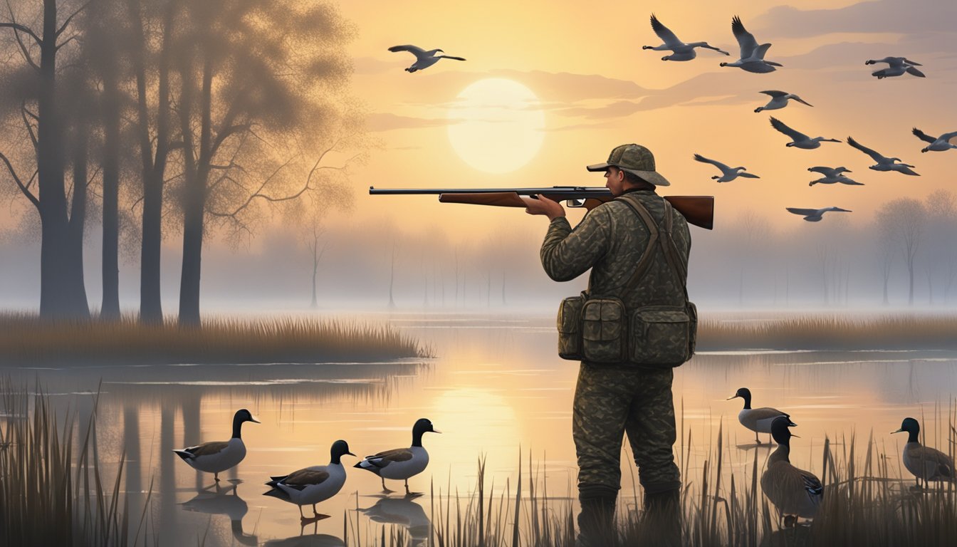 A hunter in camouflage waders aims a shotgun at a flock of ducks over a misty Kentucky marsh at dawn