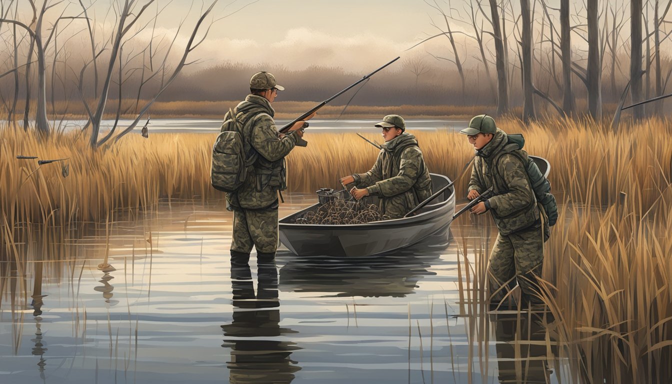 A group of young hunters in camouflage gear wade through the marshes of Massachusetts, setting up decoys and preparing their gear for a day of duck hunting