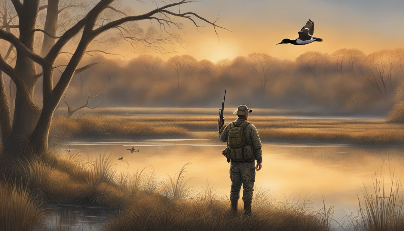 A hunter in camouflage waits by a marsh, gun raised, as ducks fly overhead. The early morning light casts a warm glow over the serene Kentucky landscape