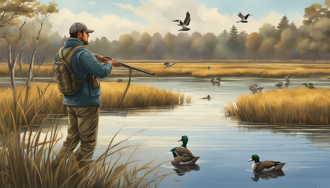 A hunter aims at ducks in a marshy wetland in Massachusetts. Various bird species are seen flying and swimming in the area