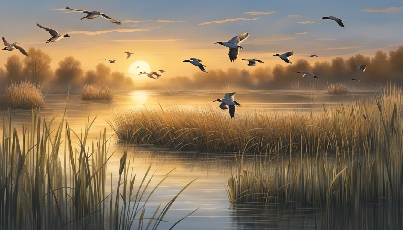 A serene marshland at sunrise, with a duck blind nestled among reeds and cattails, as a flock of mallards takes flight