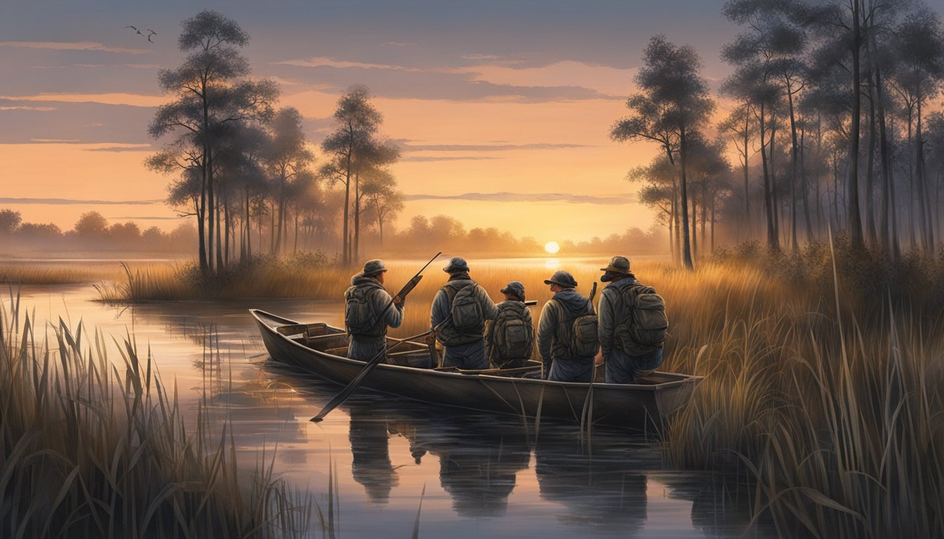 A group of hunters gather their gear and set out before dawn, wading through marshes and setting up blinds along the water's edge