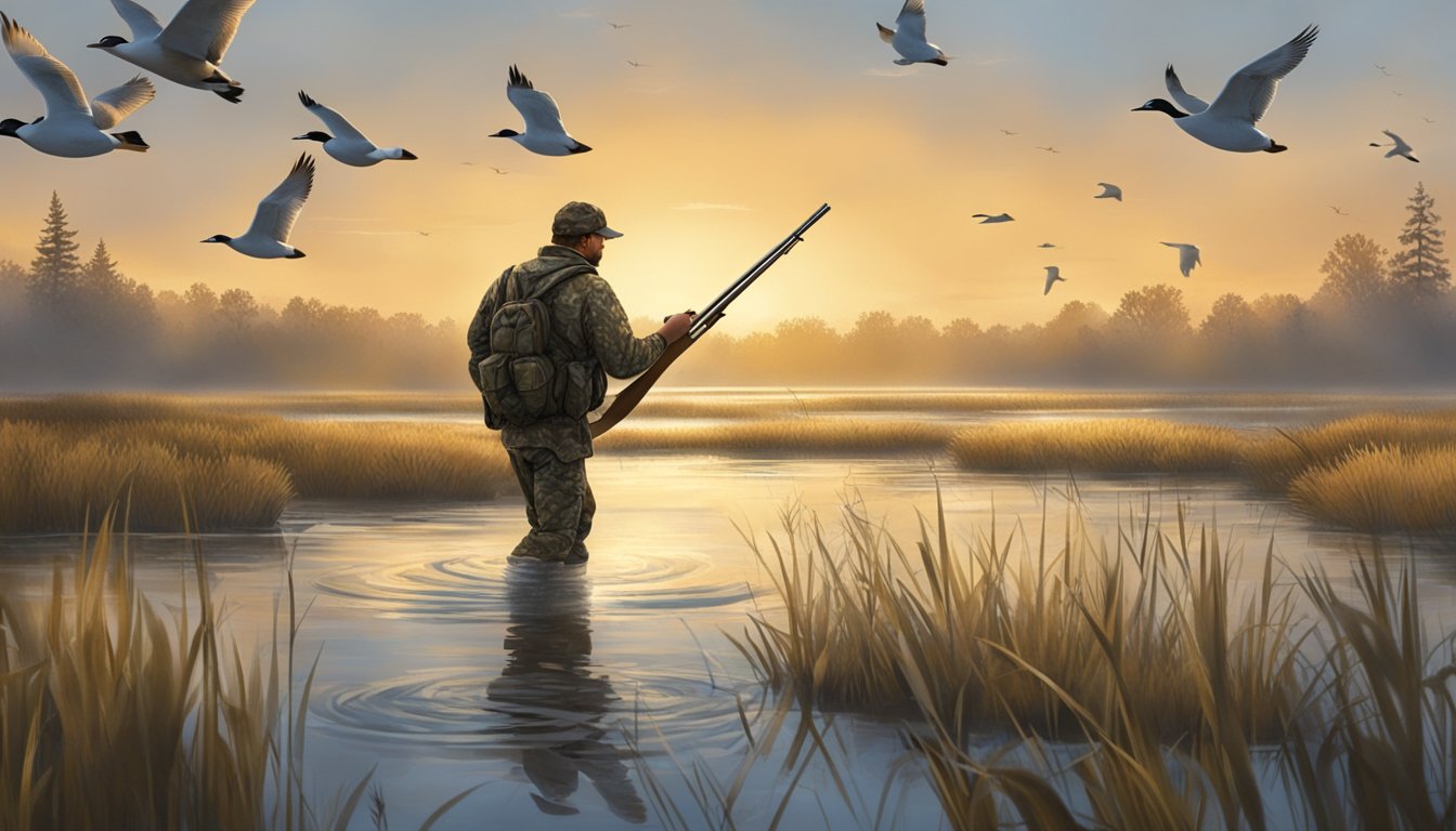 A hunter in camouflage wading through a marsh with a shotgun, while ducks fly overhead in the early morning light