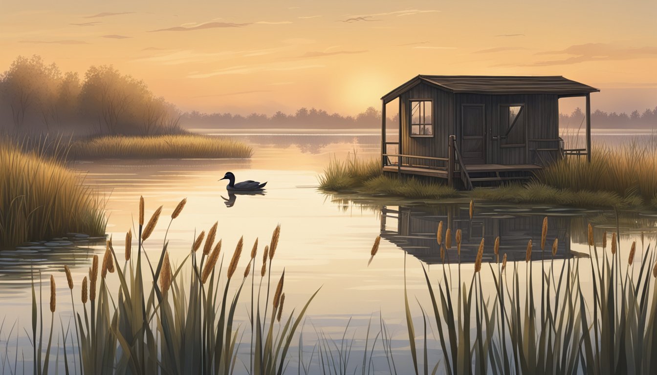 A marshy wetland at dawn, with cattails and tall grasses, a wooden duck blind, and a calm river with scattered decoys