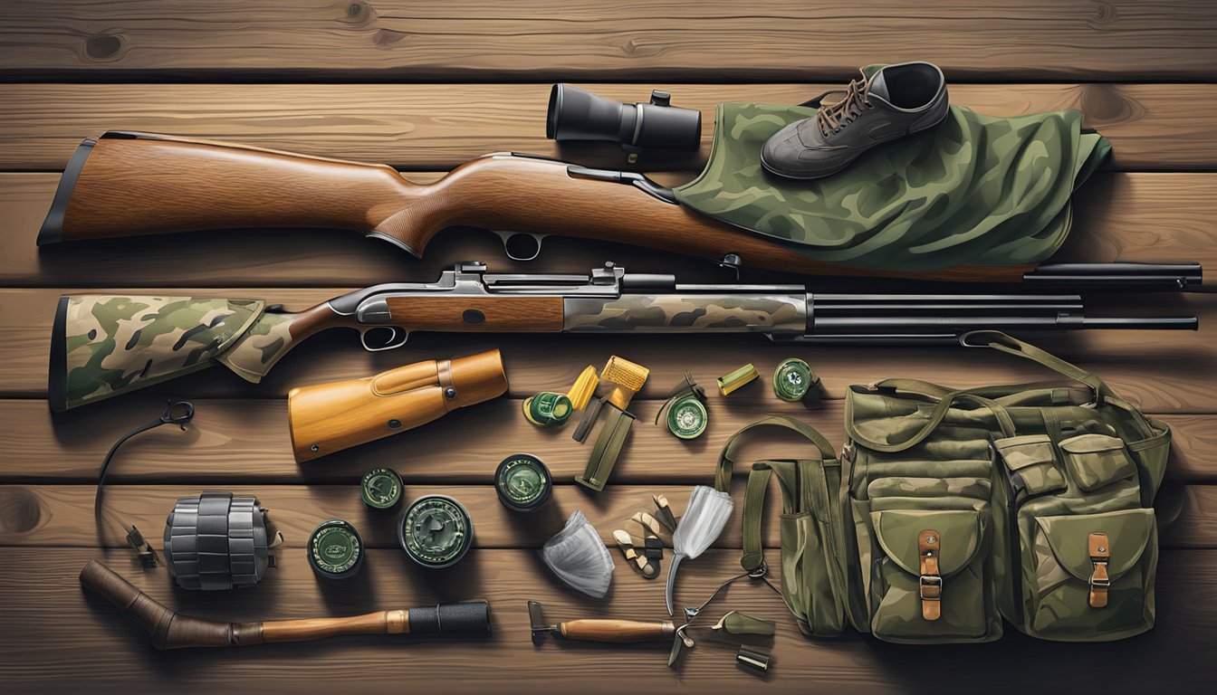 A duck hunter's gear laid out on a wooden dock in Maryland, including a shotgun, camouflage clothing, waders, decoys, and a duck call