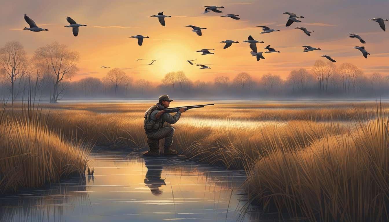 Hunters crouched in blinds, shotguns at the ready, as ducks descend over the marshland at sunrise