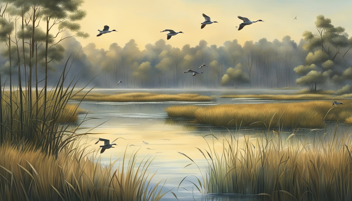 A marshy wetland with tall grasses and reeds, dotted with small ponds and surrounded by dense forest. Ducks fly overhead, and hunters hide in blinds along the water's edge