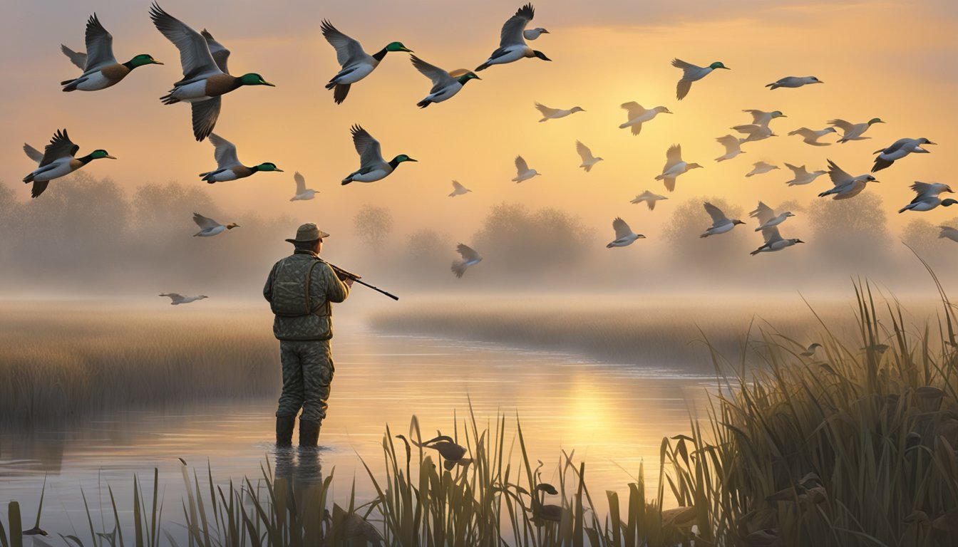 A hunter in camouflage waders aims a shotgun at a flock of mallards over a misty Missouri marsh at dawn