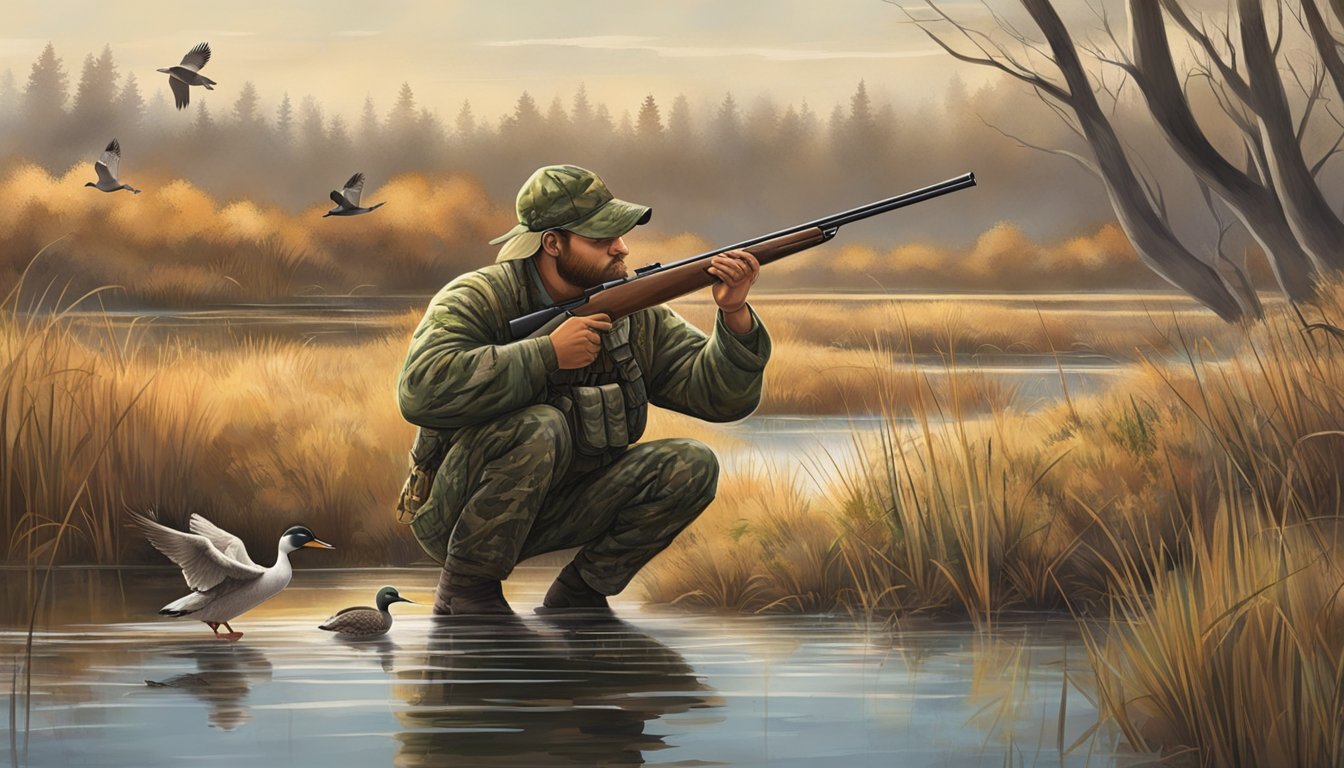 A hunter in camouflage crouches at the edge of a marsh, aiming at a duck in flight. The wetland is teeming with diverse wildlife