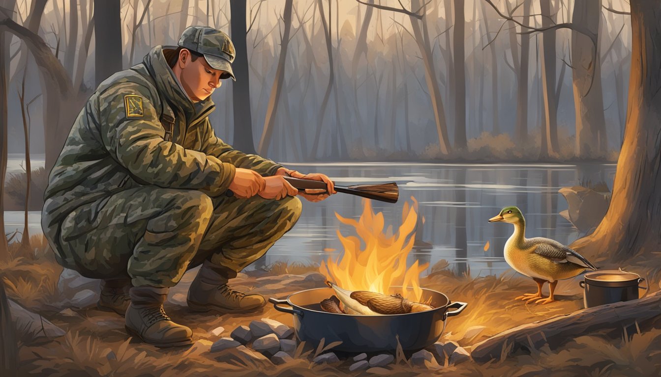 A hunter in camouflage prepares and cooks a freshly caught duck over an open fire in a wooded area of Maryland