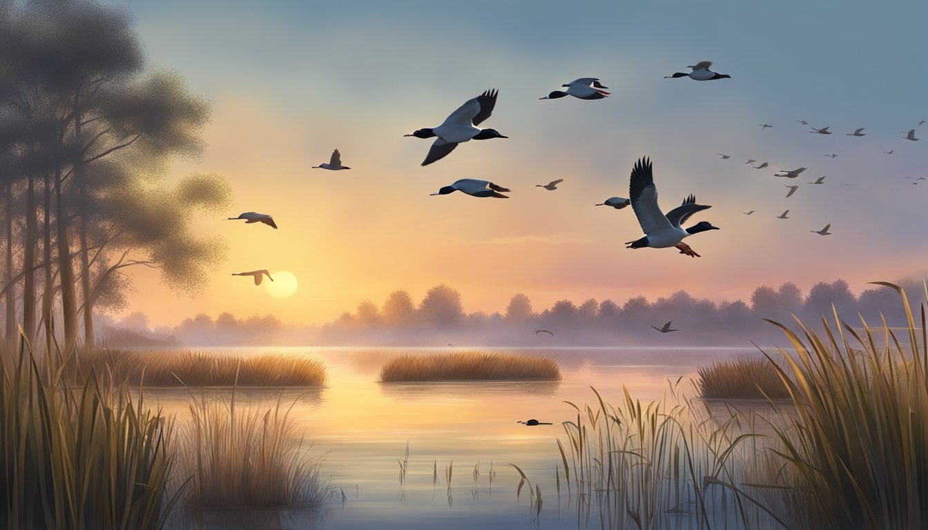 A serene lake at sunrise, surrounded by marshland and tall reeds. A group of ducks takes flight while a lone hunter sets up decoys on the water's edge