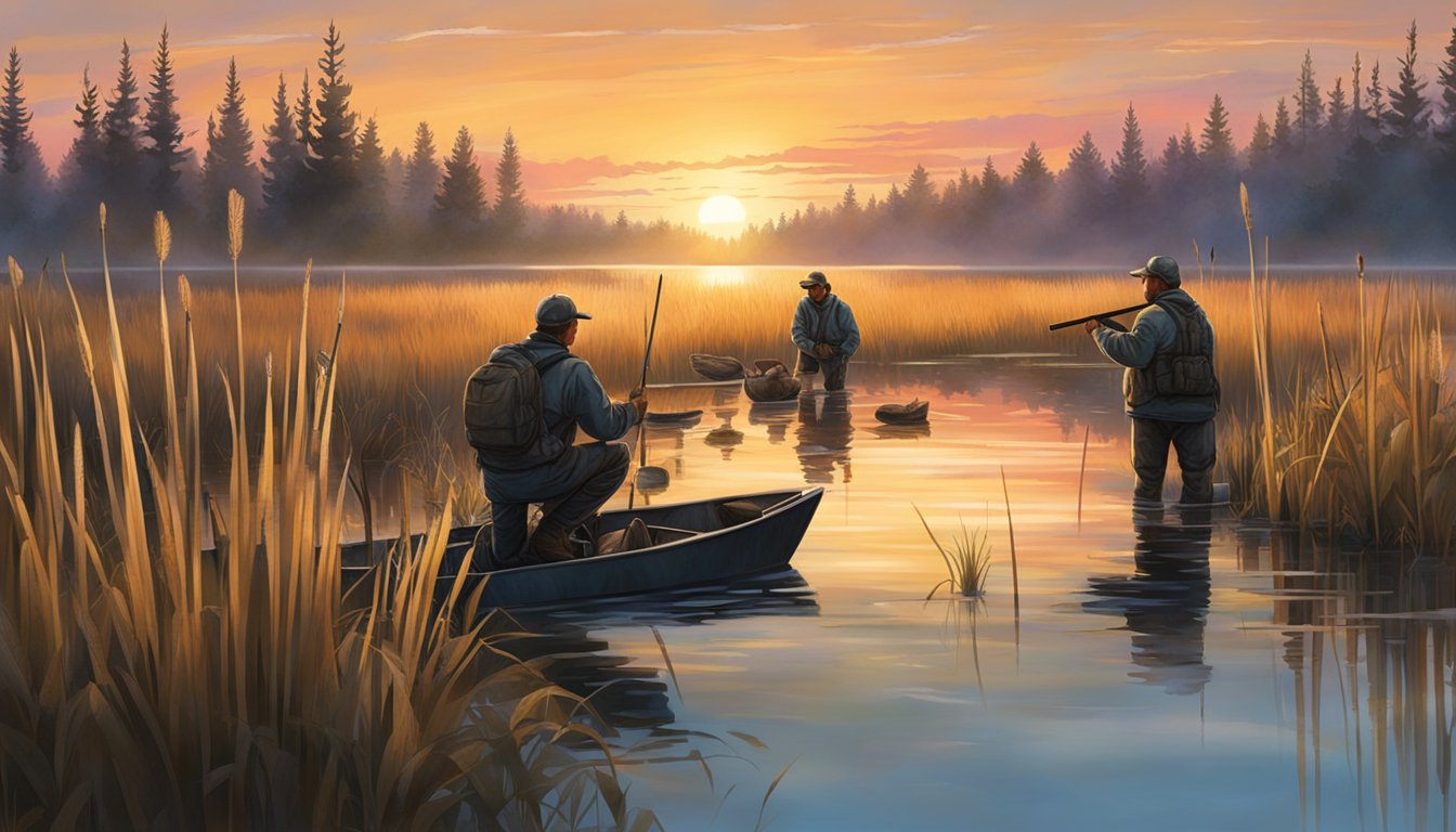 A group of hunters setting up decoys in a marshy area at sunrise, surrounded by tall grass and cattails. A colorful sky reflects in the calm water