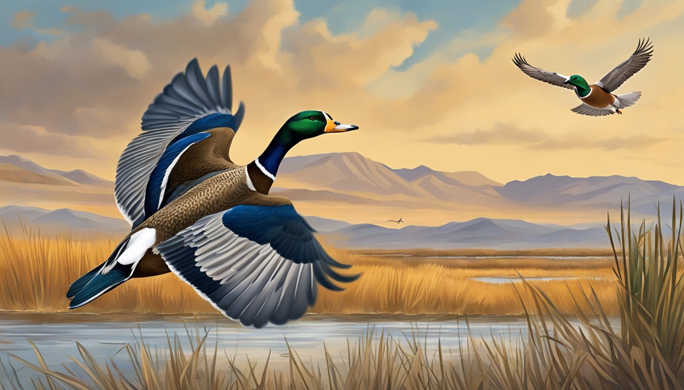 A hunter aims at a mallard duck flying over a marsh in Nevada