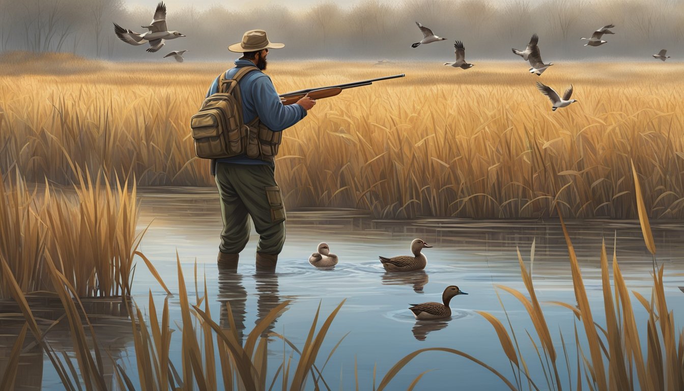 A duck hunter crouches in a marshy wetland, surrounded by tall reeds and cattails. A flock of ducks flies overhead, while a hunting dog waits patiently nearby