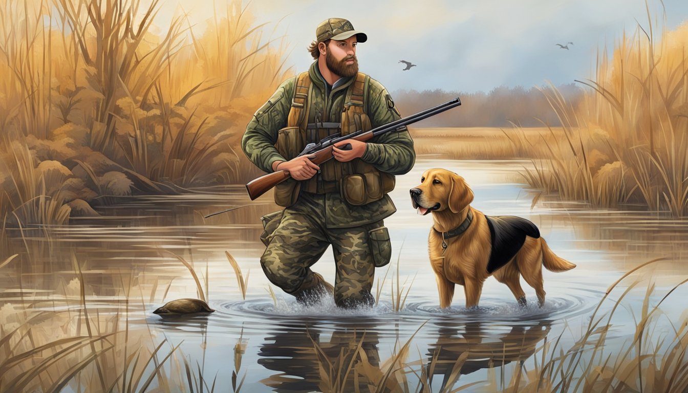 A hunter in camouflage wades through a marsh, holding a shotgun and decoy ducks, while his loyal retriever eagerly follows behind