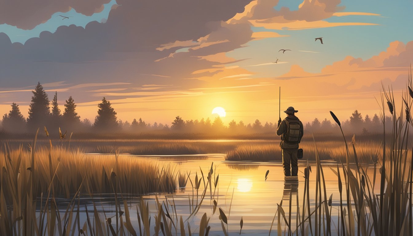 A hunter sets up decoys in a wetland, surrounded by tall grasses and cattails. The sun rises over the horizon, casting a warm glow on the marsh