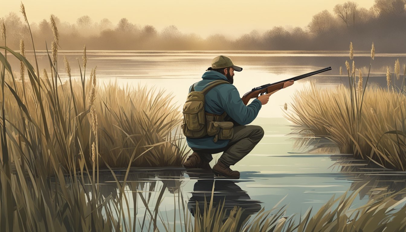 A hunter crouches in a marsh, camouflaged among reeds, aiming a shotgun at a flock of ducks in the distance