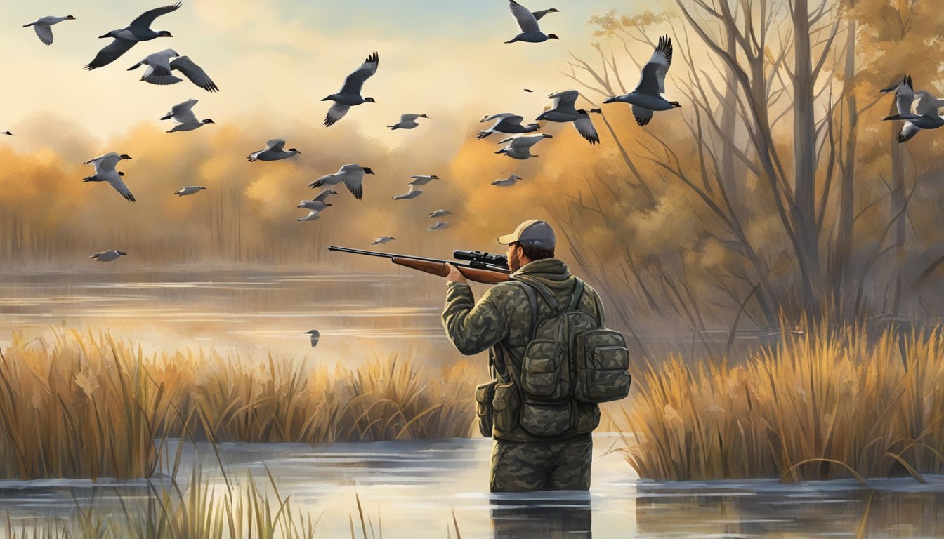 A hunter in camouflage aiming at a flock of ducks over a serene Minnesota wetland, with a focus on the ethical and conservation aspects of the activity