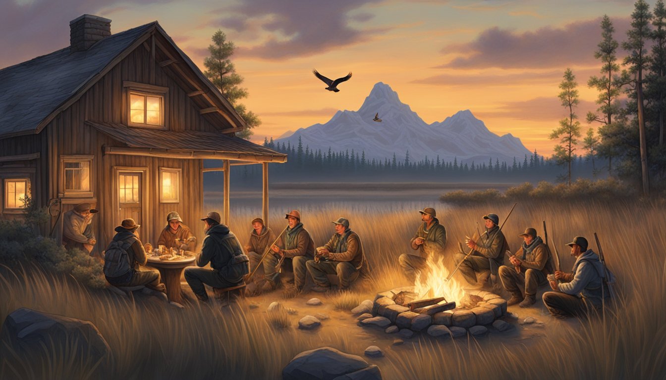 A cozy lodge nestled in the Nebraska wilderness, surrounded by tall grasses and marshes. A group of hunters gather around a crackling fire, enjoying a hearty meal after a successful day of duck hunting