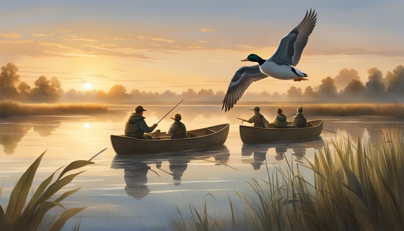 A serene lake at dawn, surrounded by marshland and reeds. A group of ducks take flight as a mentor teaches a young person how to set up decoys