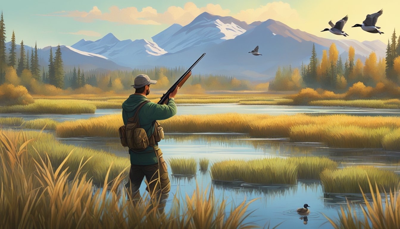 A hunter crouches in a marsh, hidden among cattails and reeds, aiming a shotgun at a group of ducks flying overhead. The landscape is dotted with wetlands and surrounded by mountains