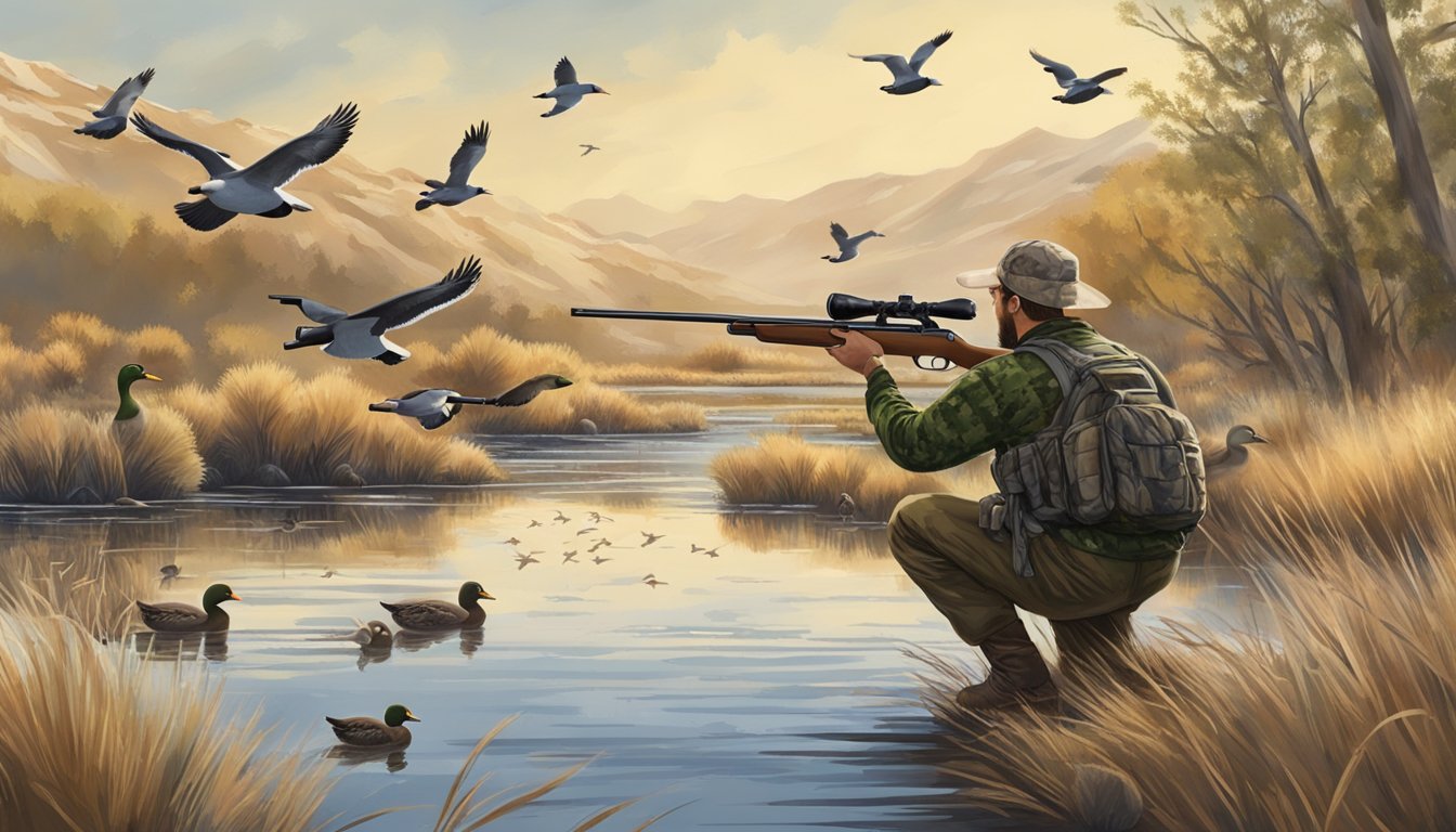 A hunter in camouflage aiming a shotgun at a flock of ducks over a marsh in the Nevada wilderness