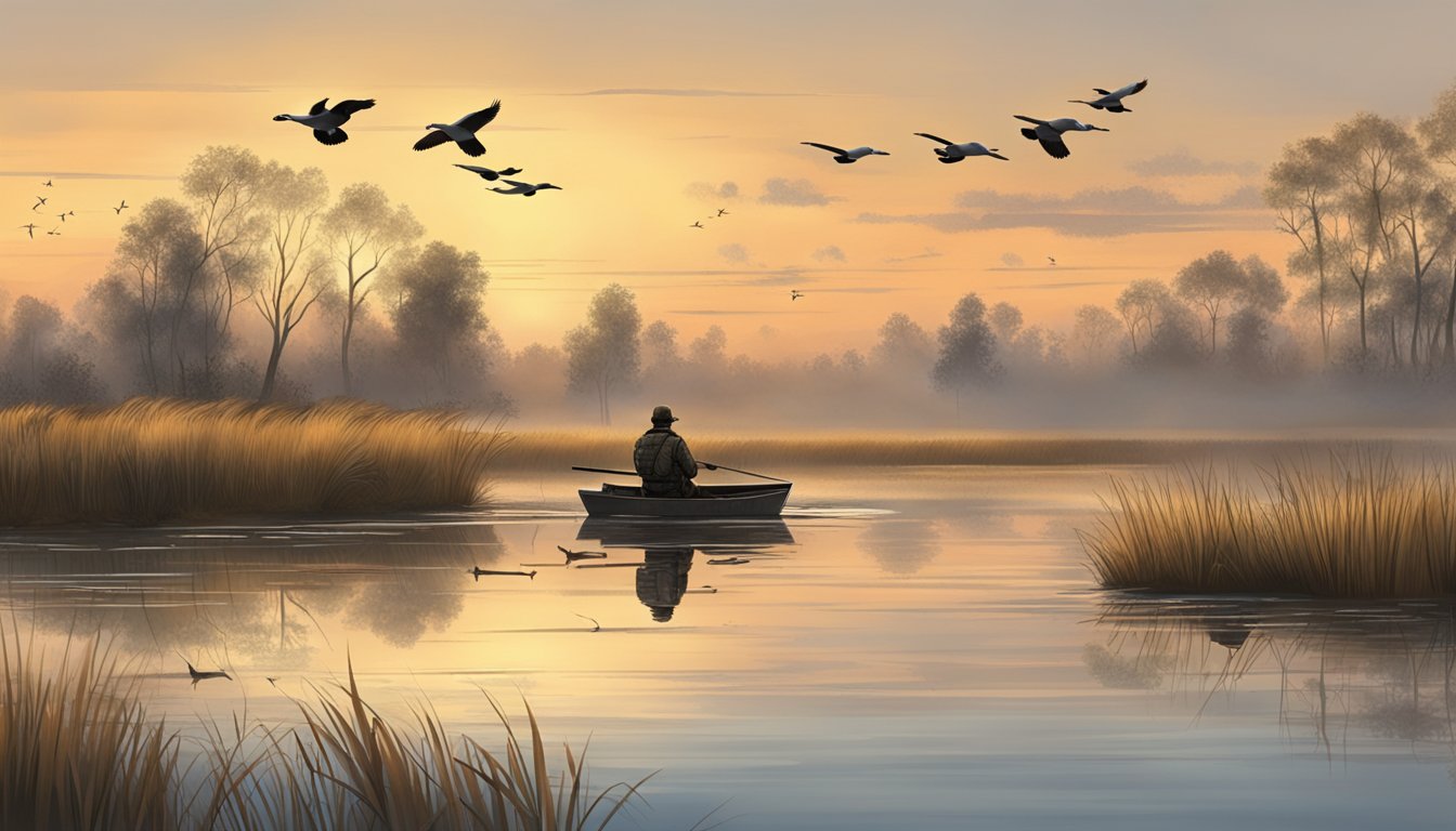 A serene marshland at dawn, with a hunter's blind and decoys set up in the water as ducks fly overhead