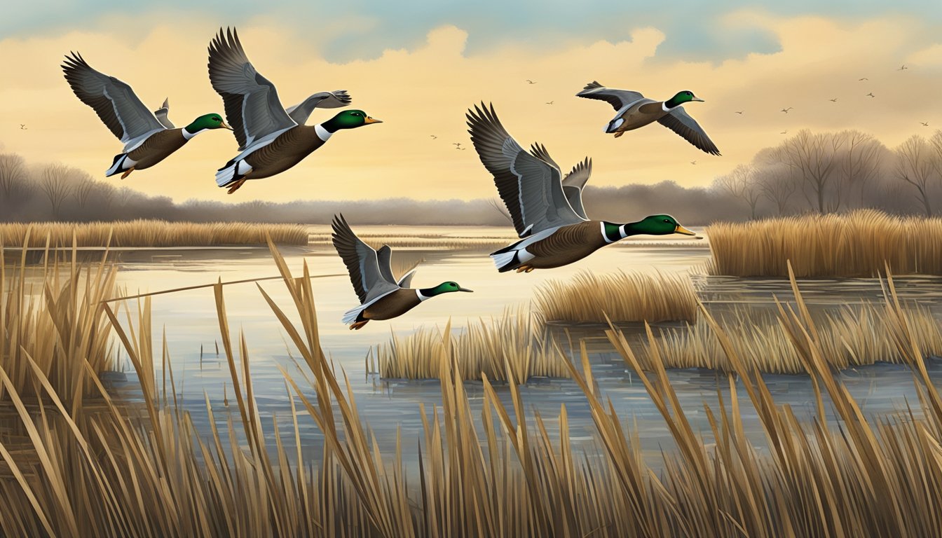 A group of ducks flying over a marsh in New Jersey, with tall reeds and waterfowl hunting blinds in the background